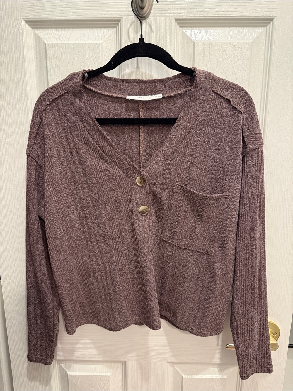 Lush Mauve Ribbed V-Neck Button Front Top